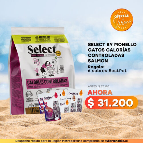 PROMOCION SELECT BY MONELLO GATOS CALORÍAS CONTROLADAS SALMON 7 KG + 6 SOBR. BEST PET GATO SALMON