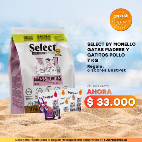 PROMOCION SELECT BY MONELLO GATAS MADRES Y GATITOS POLLO 7 KG + 6 SOBR. BEST PET GATO SALMON