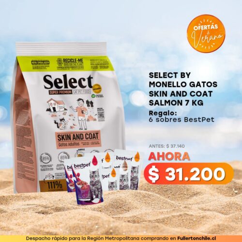 PROMOCION SELECT BY MONELLO GATOS SKIN AND COAT SALMON 7 KG + 6 SOBR.BEST PET  GATO SALMON